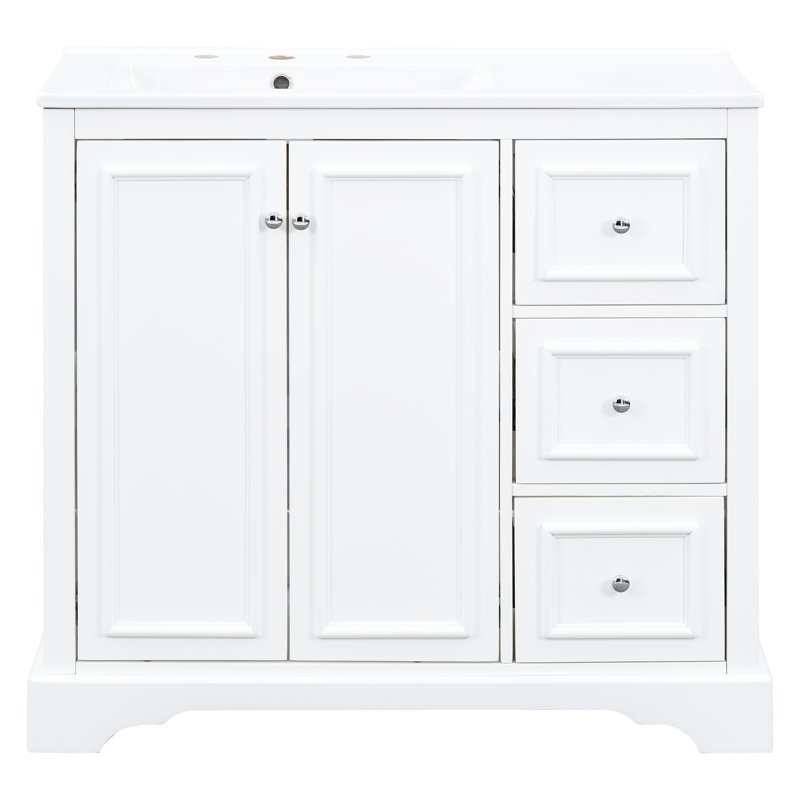 Meuble-lavabo de 36 pouces avec lavabo en céramique, 2 portes à fermeture en douceur et tiroir divisé, conception transitionnelle élégante de 36 po, 3 tiroirs, charnières