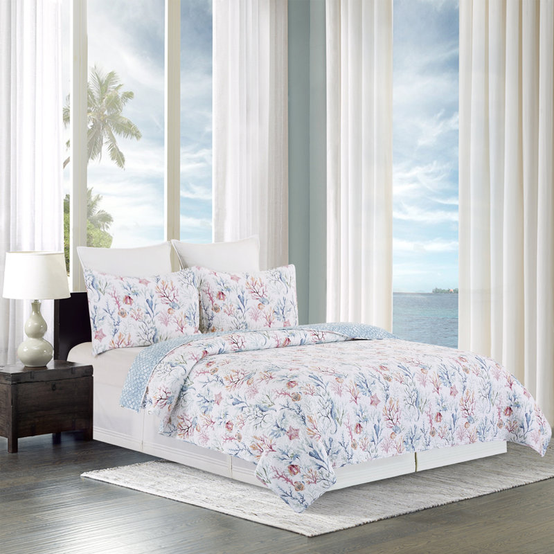 King Size Blue Cotton Reversible Coastal Quilt Set