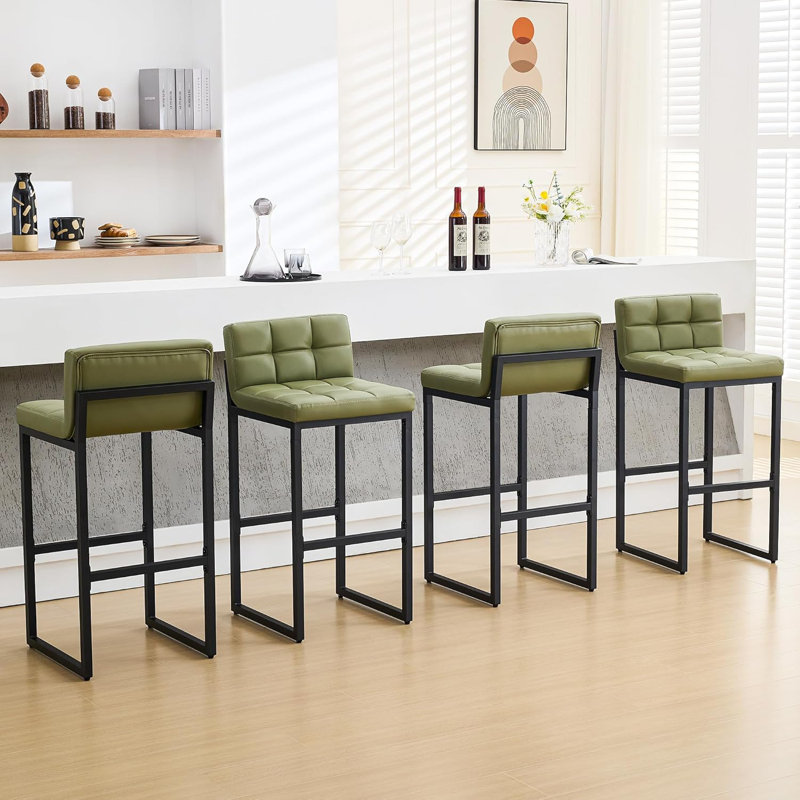Tabouret de bar rembourré à dossier bas avec structure en métal épaissie pour îlot de cuisine, 4, Vert
