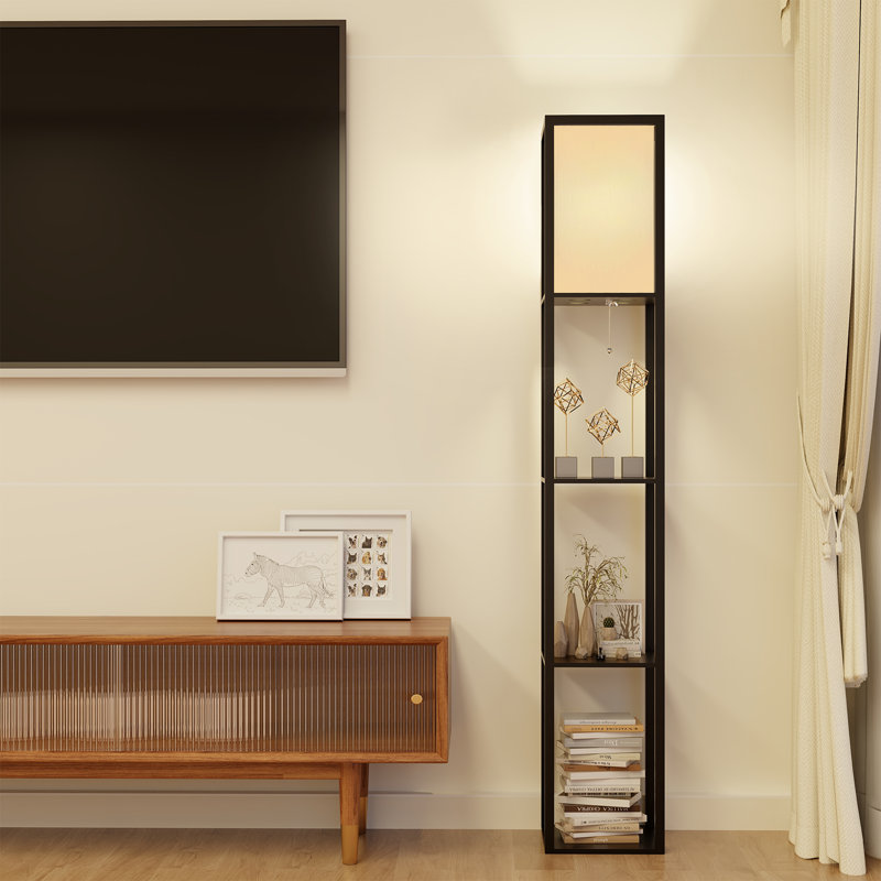 Floor Lamp with 3 Layers Wooden Shelves, Modern 160cm Standing Light Reading Lamp for Living Room, Black