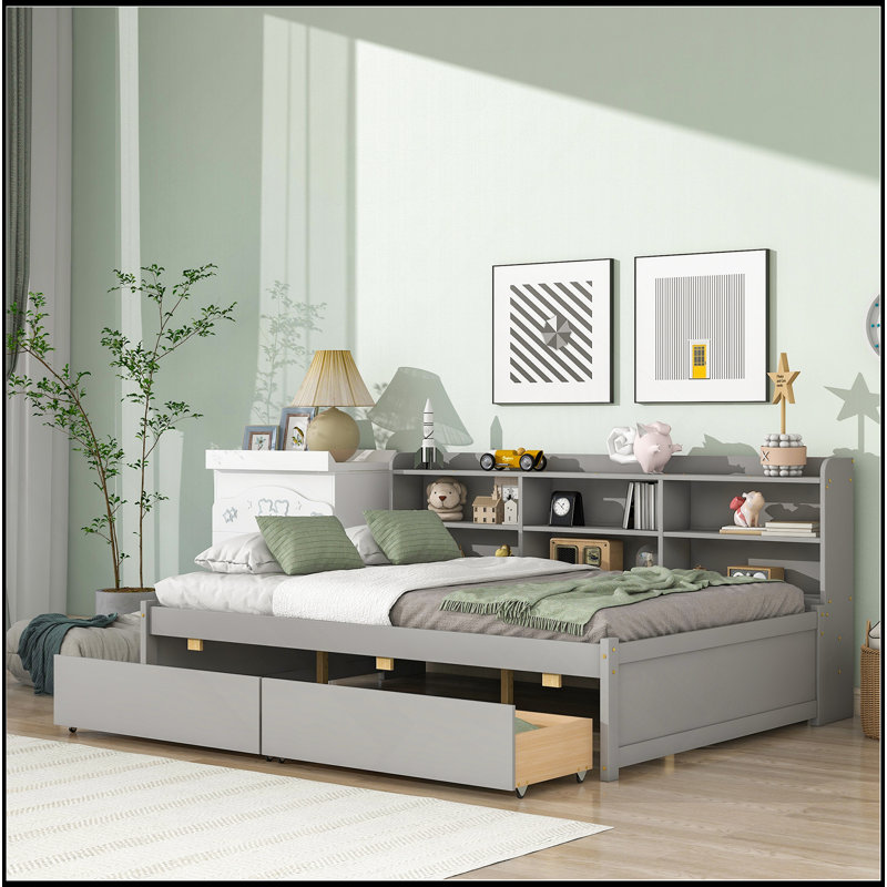 Bed With Side Bookcase, Drawers