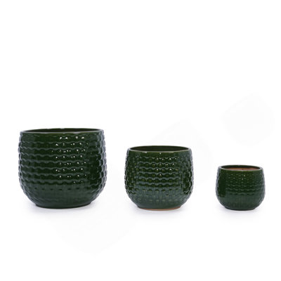 Handmade Glazed Ceramic Planter Set Of 3, 9/7/5 Inch Diameter, Dark Green Solid Glossy Finish, For Succulents & Herbs Outdoor Patio & Indoor Staircase Use, Breathable Clay With Drainage Holes
