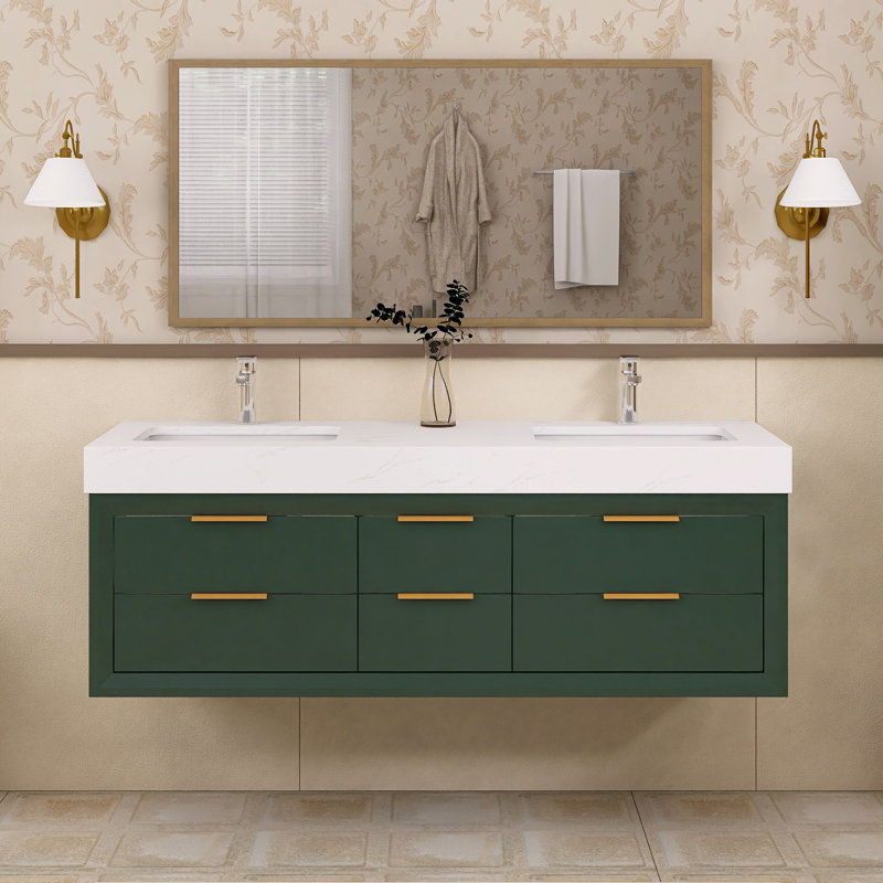 Meuble-lavabo double 60 po avec comptoir en marbre 60 po, Vert