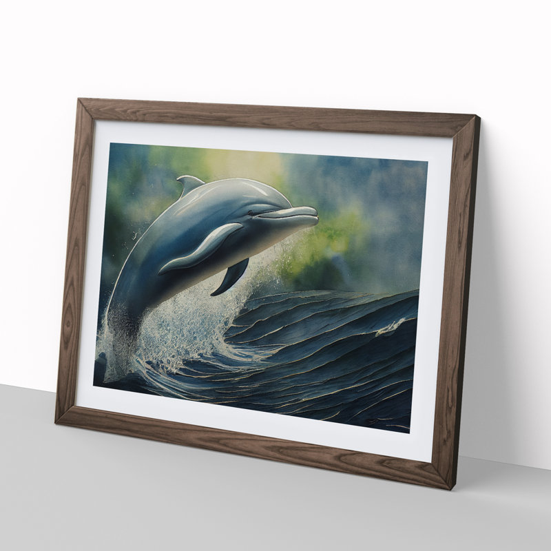 Watercolour Dolphin - Single Picture Frame Painting, 46cm H x 64cm W x 2cm D, Walnut