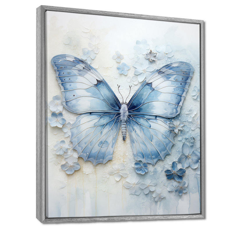 «Blue Butterfly Whispering Wings I», art mural papillon, H 32 po x l 24 po x P 1 po, Cadre argenté flottant