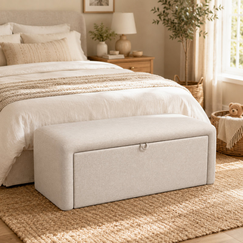 Banc ottoman de rangement à ouverture latérale, recouvert de lin, 48 pouces, pour salon, Beige