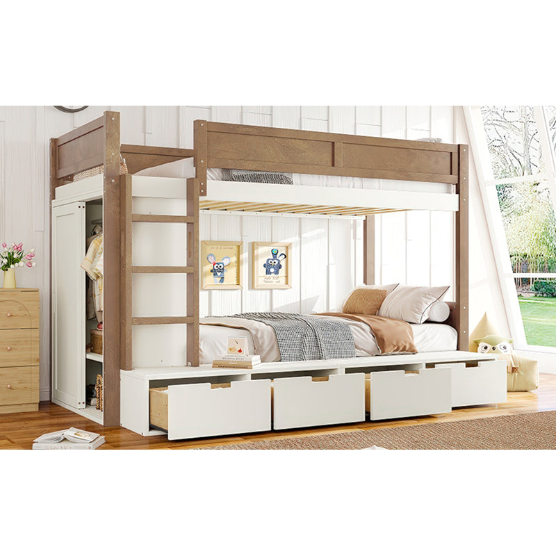 Lit superposé simple au dessus d'un lit simple / simple TG au dessus d'un lit double avec 4 tiroirs de rangement, lit superposé en bois massif avec garde-robe intégrée et garde-corps pleine longueur, sans sommier, beige et naturel