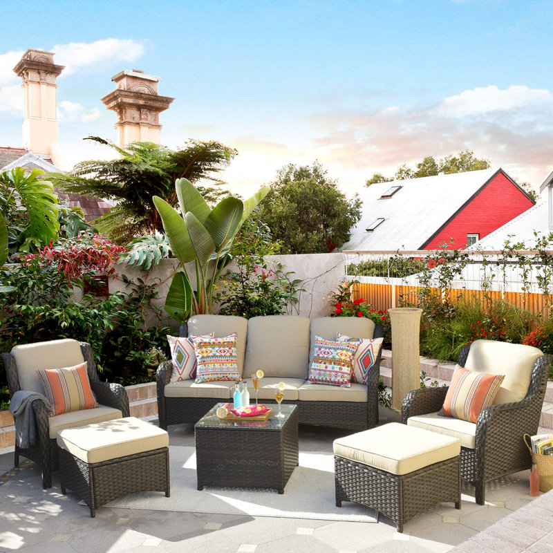 Caberfae Wicker 5 - Person Patio Conversation Set with Cushions, Beige, Brown