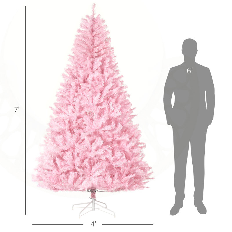 Arbre de Noël artificiel rose 7 pi avec charnières à ouverture automatique, base en acier et forme large pour un décor intérieur des Fêtes.