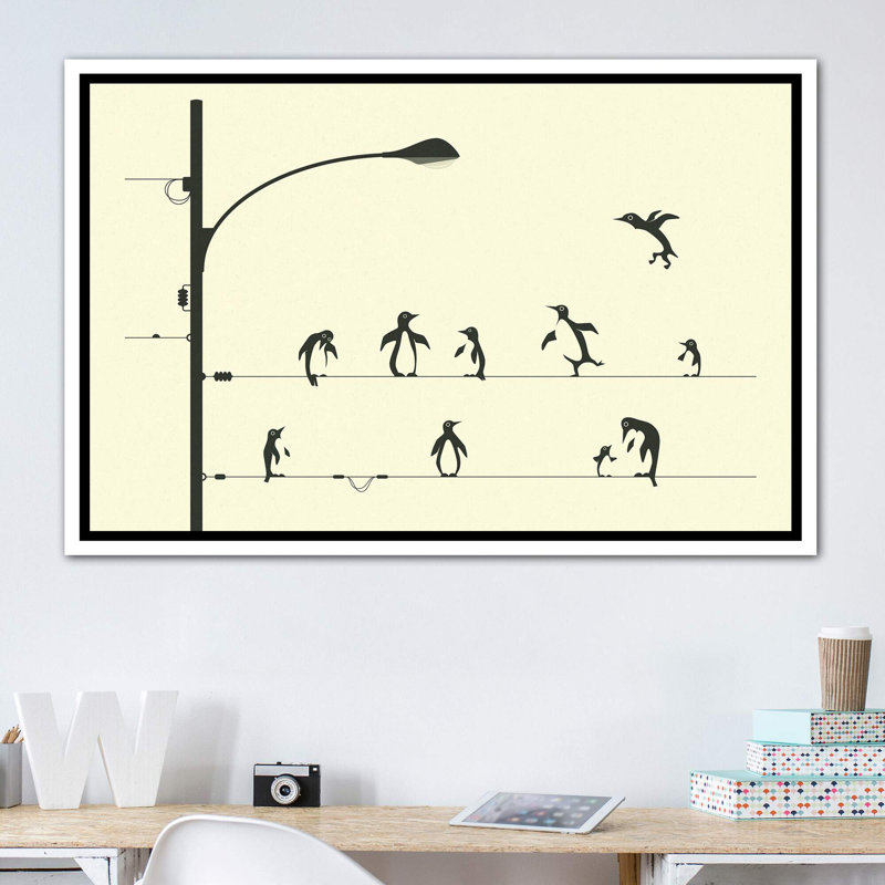 «Penguins on a Wire», art encadré, H 40 po x l 60 po x P 1,5 po, Toile blanche encadrée