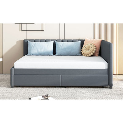 Lit de jour avec 2 tiroirs et revêtement en lin gris, aucun sommier requis. Cadre de lit pour un rangement à tiroirs complet, en gris. Sans atmosphère relaxante
