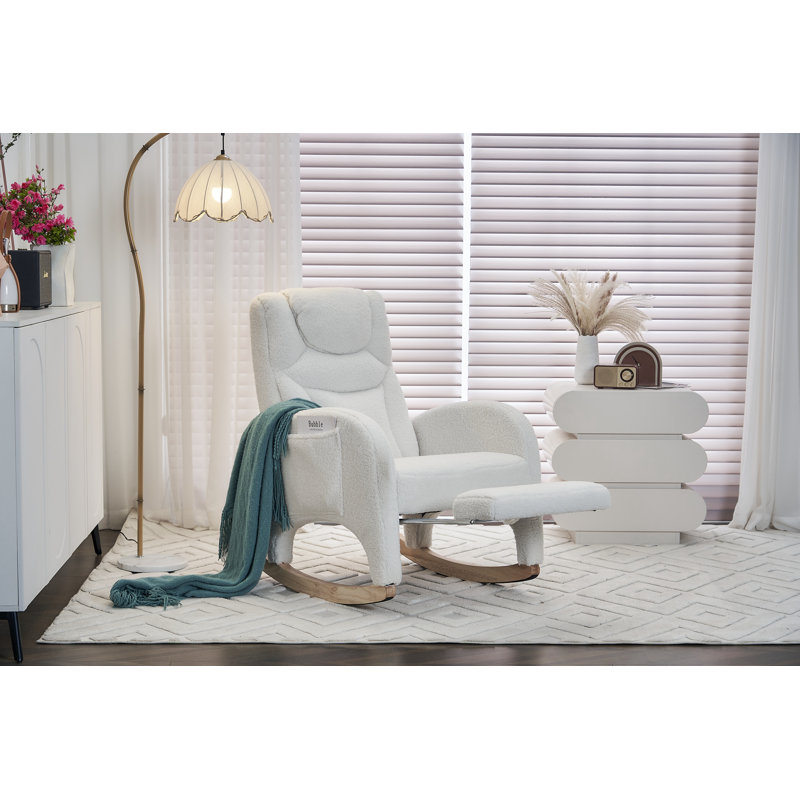 Chaise berçante en tissu avec repose-pieds Teddy, Ivoire ivoire