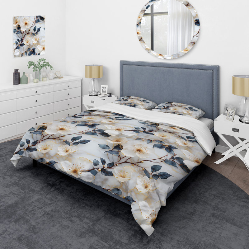 Ensemble de housse de couette White Marble Botanical Floral Palette I, Housse de couette pour grand lit et 2 taies décor