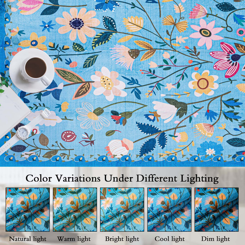 Nature Voja Floral Non-Slip Machine Washable Colorful Modern Area Rug in Blue for Living Room, Bedroom, Hallway Runner, Entryway Rugs