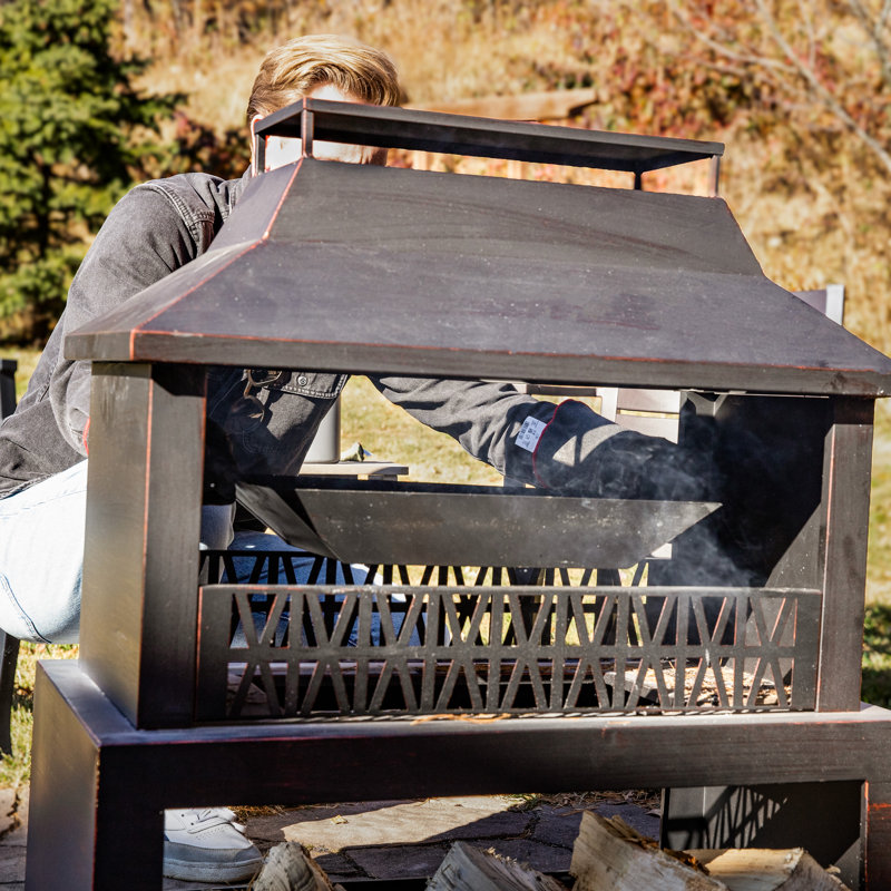 Bronze Steel Outdoor Fireplace with Log Storage and Pavilion Roof