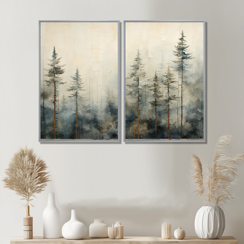 Minimalisme, forêt de pins d'hiver - grande forêt, art mural 2 panneaux, H 36 po x l 48 po, Impression encadrée flottante