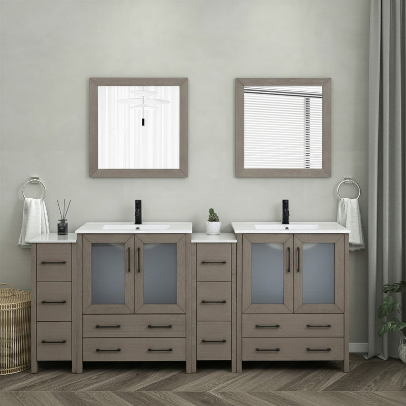 Ensemble de meuble-lavabo autoportant à double cuve 84 po avec plateau en céramique et miroirs assortis Brescia, Gris foncé