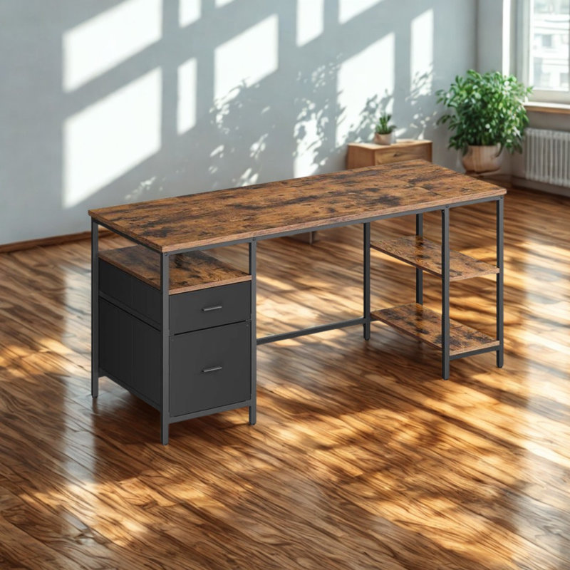 Industrial 140CM Computer Desk With Storage Shelves And Drawer, Rustic Brown/Black