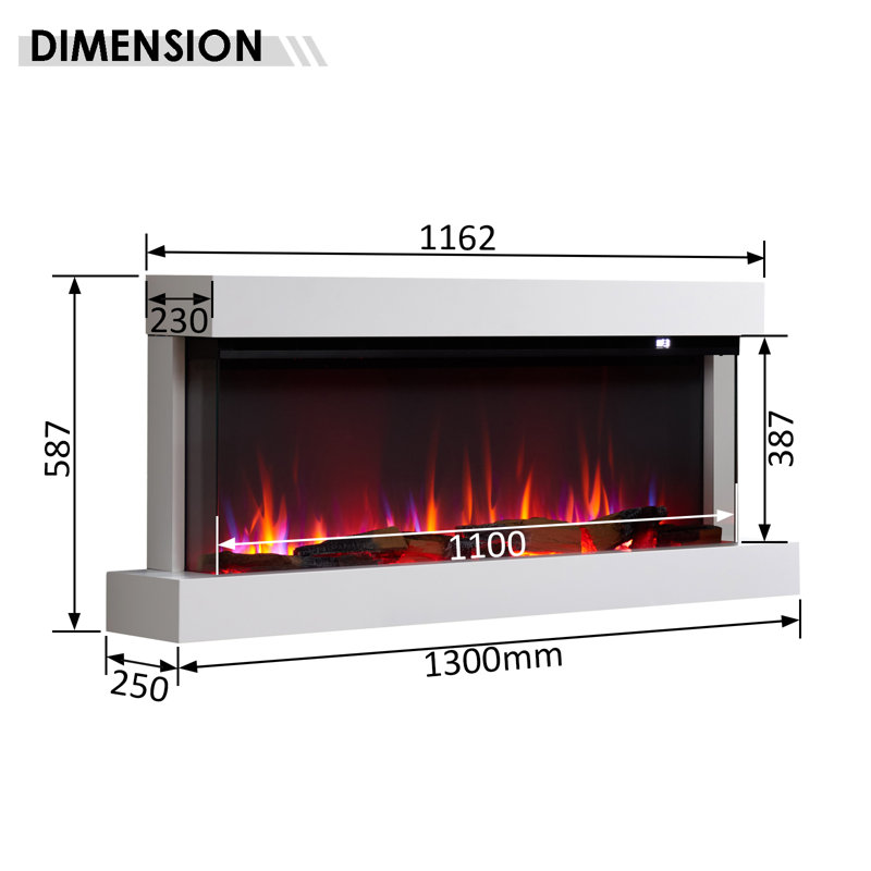 KNIGHTON FLAMME White Electric Fireplace with, 59cm H x 130cm W x 25cm D