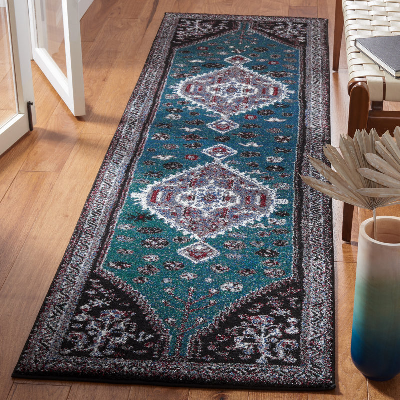 Tapis oriental vert / noir, Tapis de couloir 2 pi 3 po x 8 pi