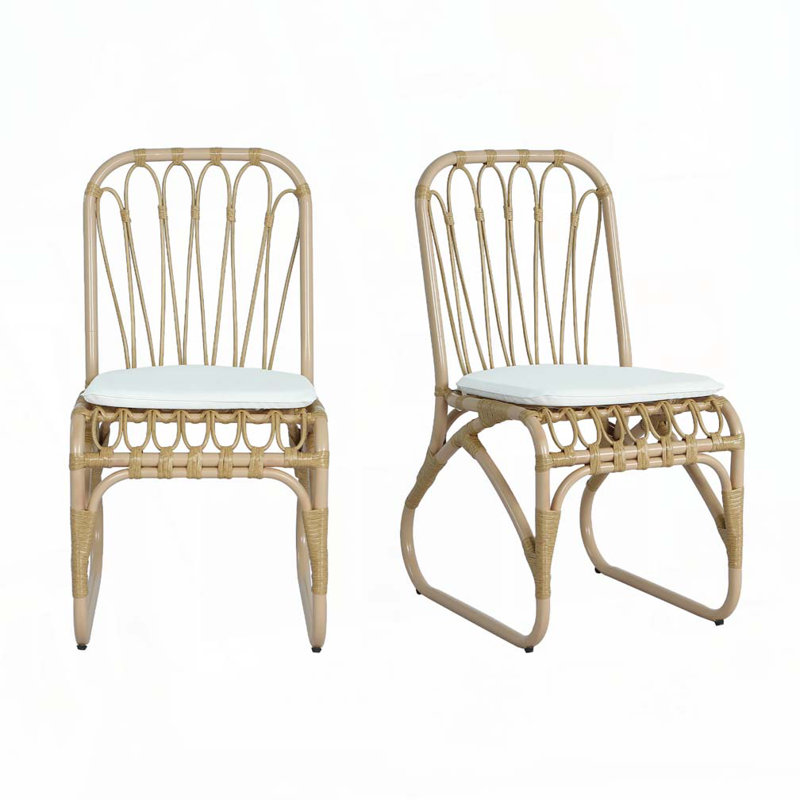 Chaises de salle à manger d'extérieur en osier avec coussin lavable PE, Brun, Blanc