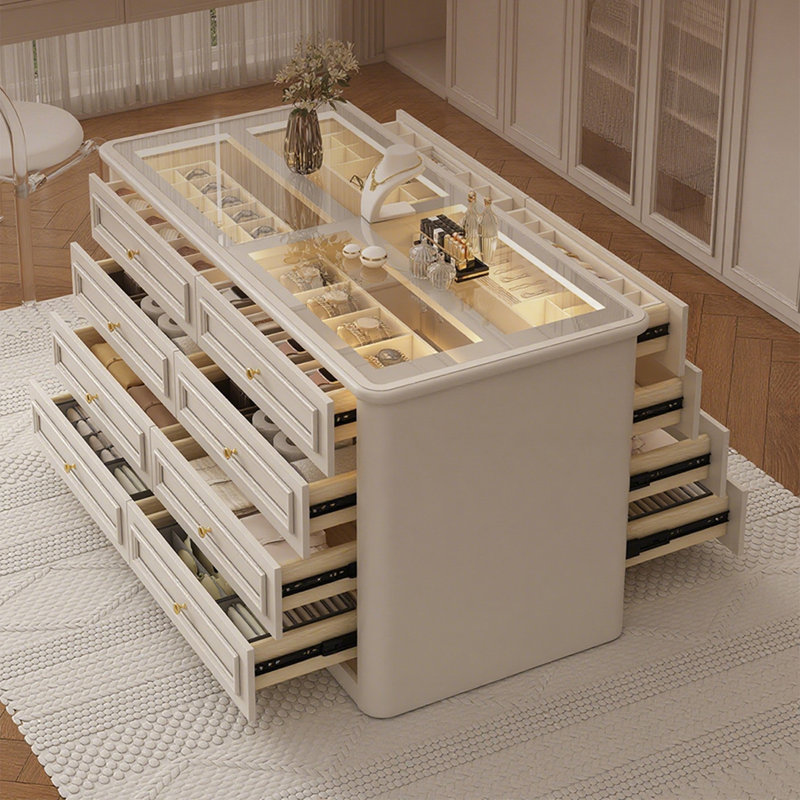 Armoire à bijoux de style français 31,5 "blanc crème pour vestiaire, vitrine multicouche en bois massif et en verre trempé avec lumières DEL, rangement de tiroir double face