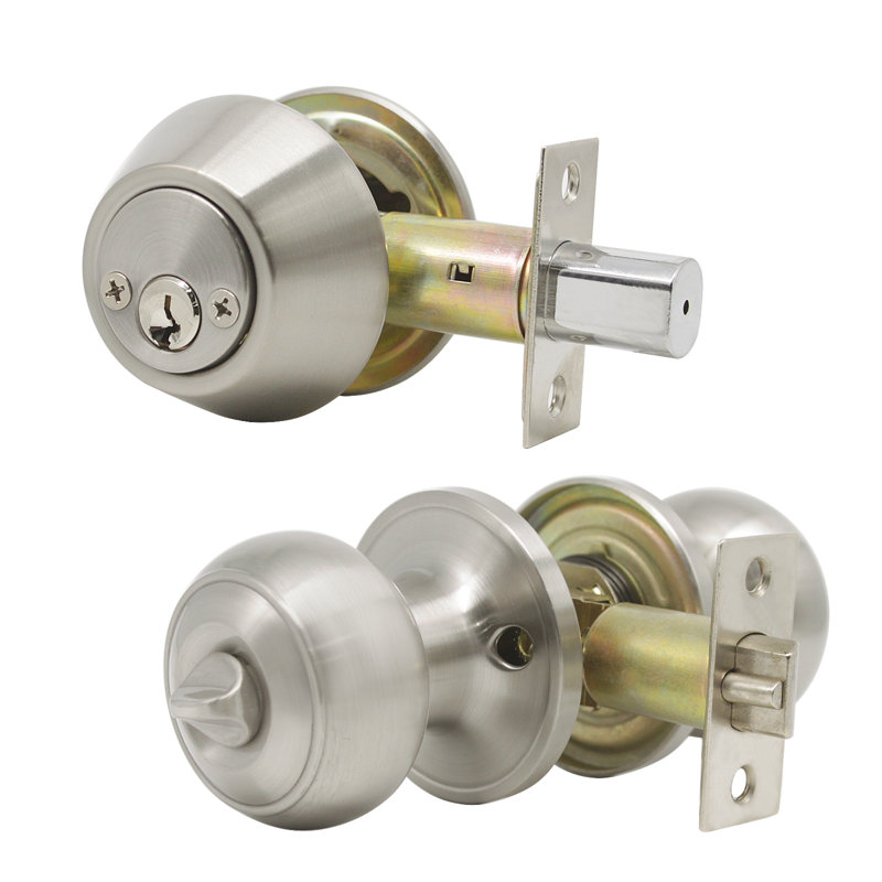 Handle With Knob And Deadbolt Reversible Entry Set, Satin Nickel