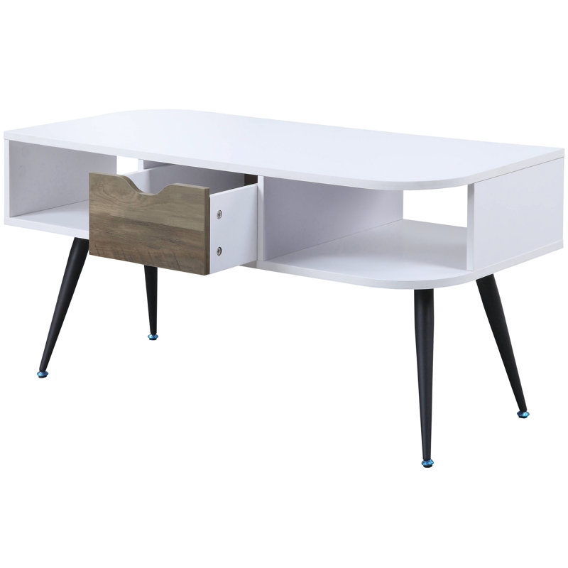 Élégante table basse blanche et noire avec tiroir de rangement et espaces ouverts
