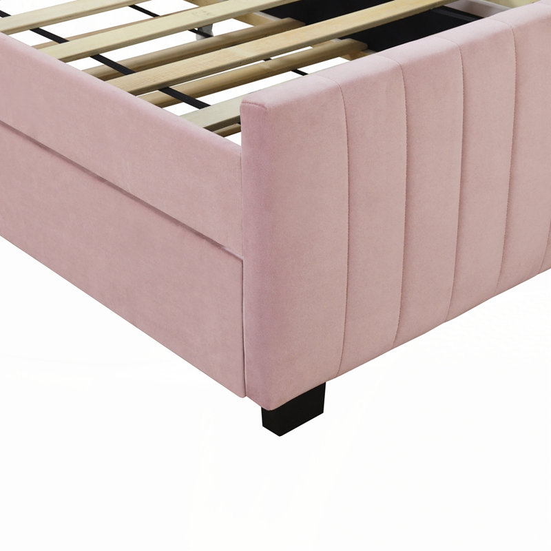 Lit plateforme simple tapissier en velours avec lit gigogne, Rose