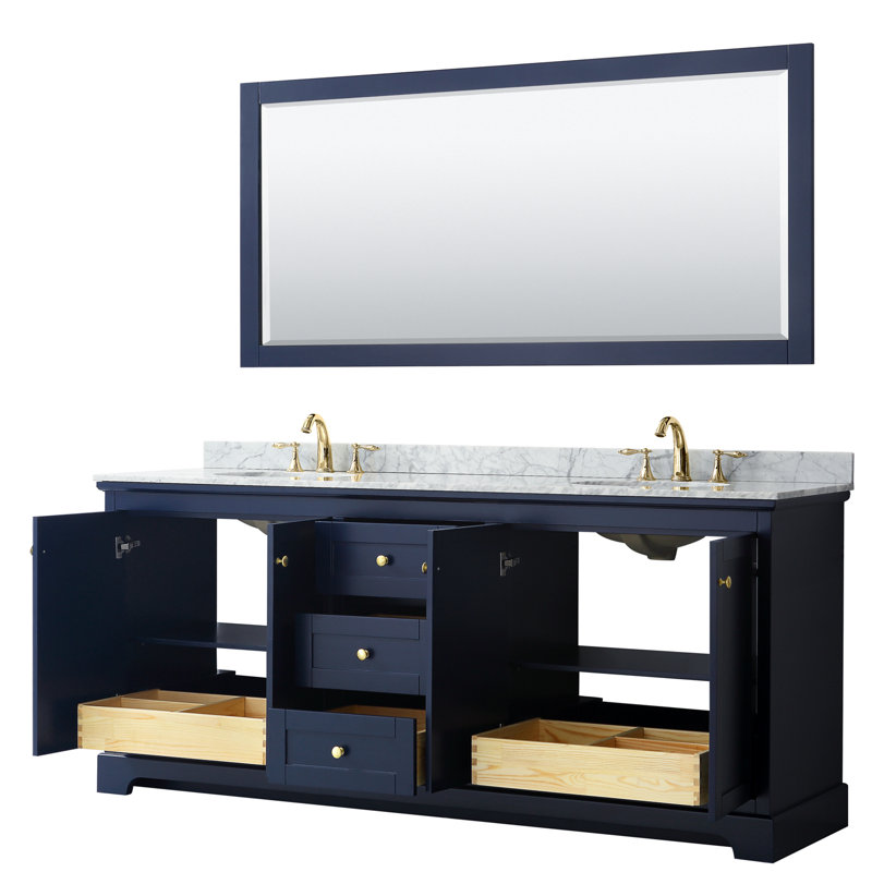 Avery 80'' Double Bathroom Vanity with Marble Top, Dark Blue, Matte Black