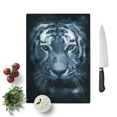 Tempered Glass Tiger Portrait in Abstract Cutting Board