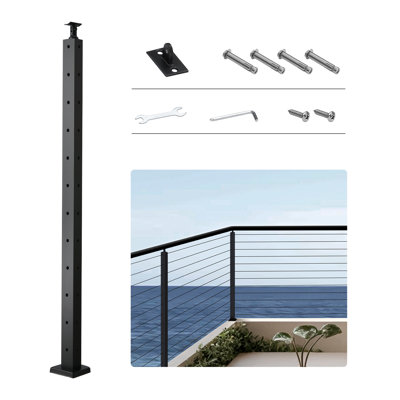 Cable Railing Post, 42x1x2 Inch Corner Railing Post, with L-Shaped Pre-Drilled Holes, Stainless Steel Cable Rail Post with Horizontal and Curved Bracket, 1-Pack, Black
