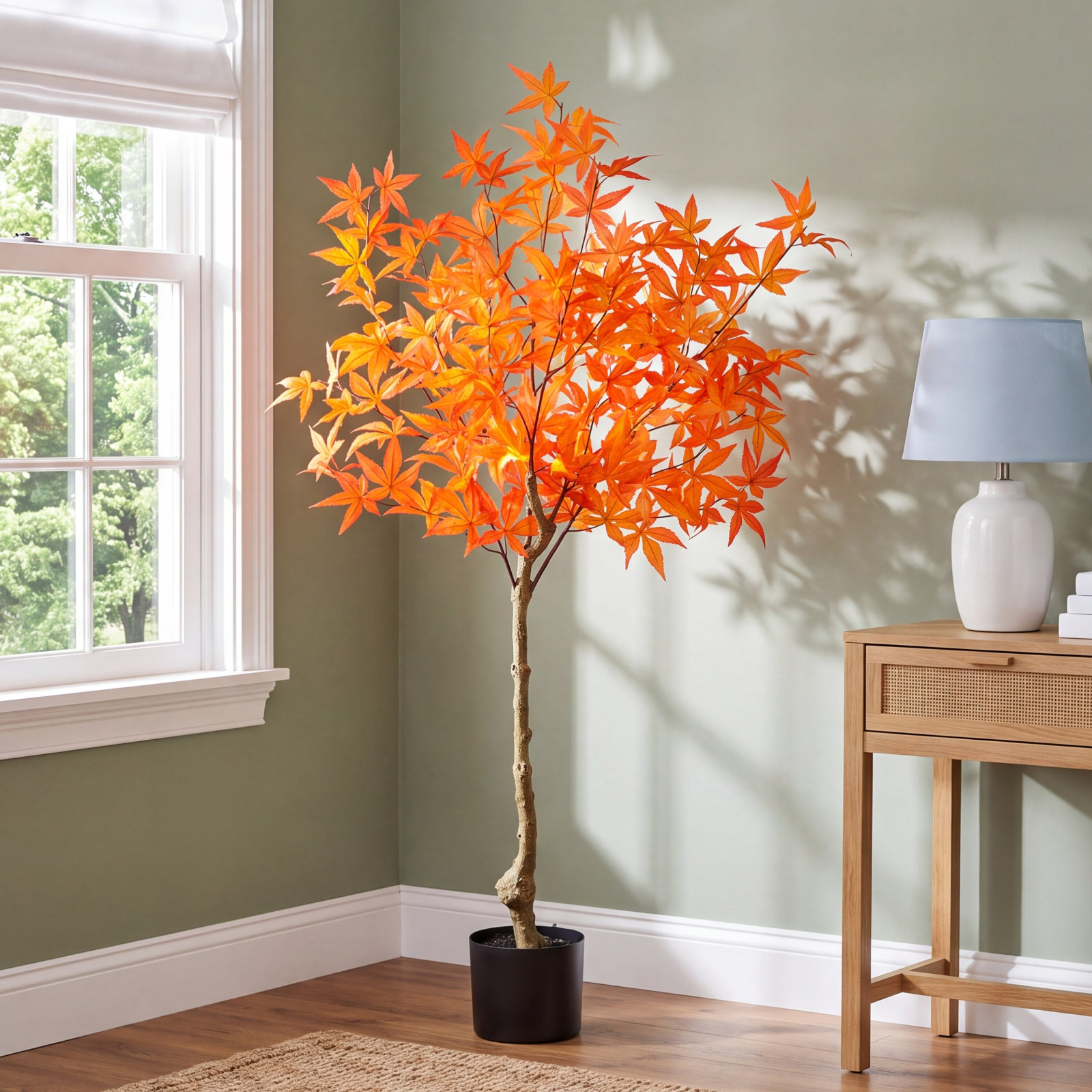 Faux Maple Tree in Pot Liner, Orange, 48" H x 21" W x 16" D