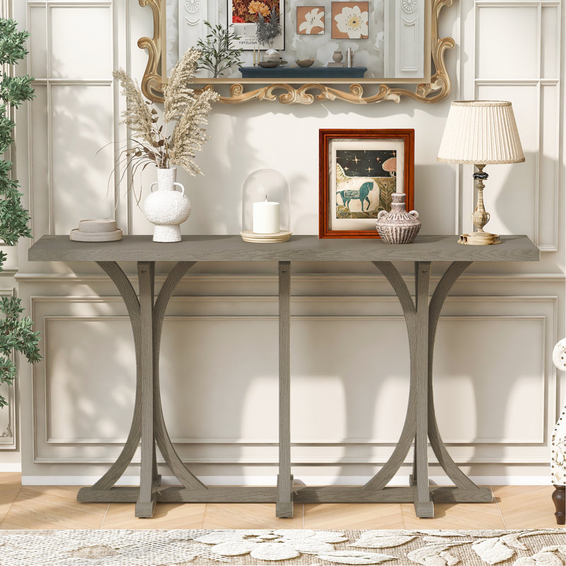 Console de 59,8 po, style U, finition en placage de chêne, pieds courbés en bois d'hévéa gracieux, surface lisse pour la décoration intérieure