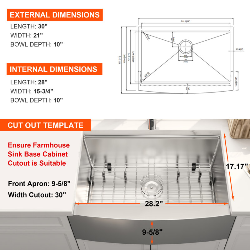 Blenzia 30 Inch Undermount Workstation16 Gauge 304 Stainless Steel Farmhouse Apron Front Kitchen Sink 30" x 21" x 10"