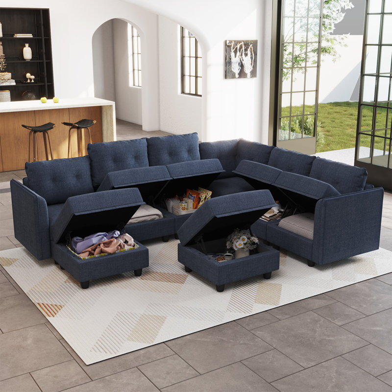 Tomario 8- Piece Upholstered U-Shaped Modular Sectional With Storage, Blue Polyester