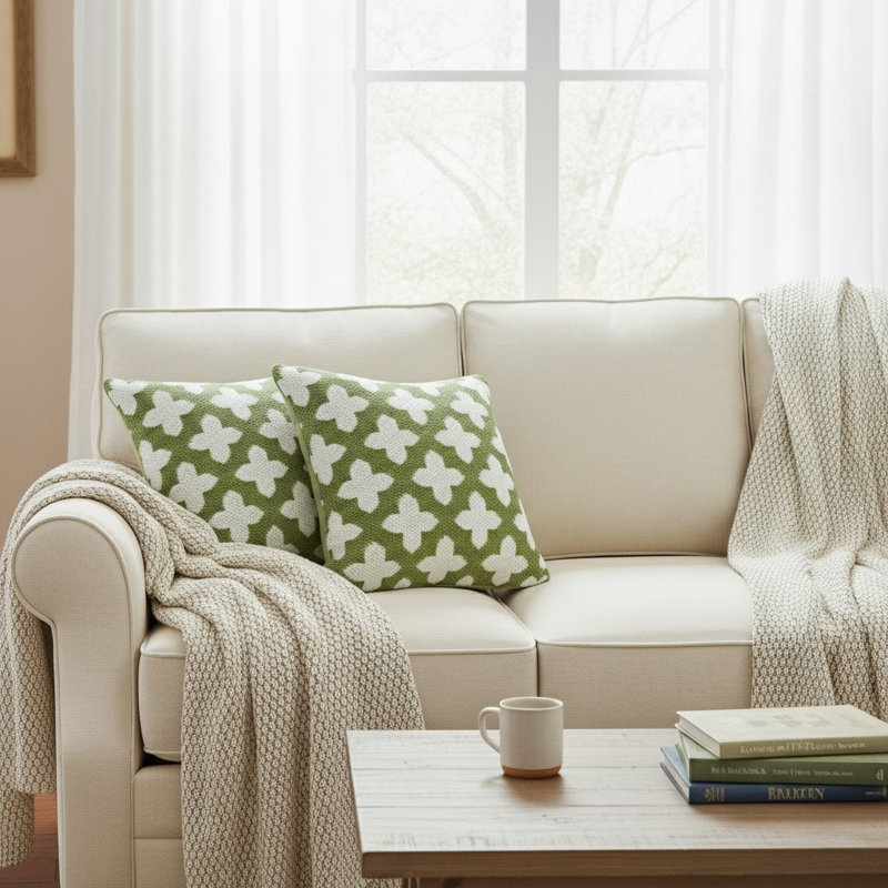 Ensemble de 2 coussins blancs / verts à motif géométrique en mélange de coton, Vert