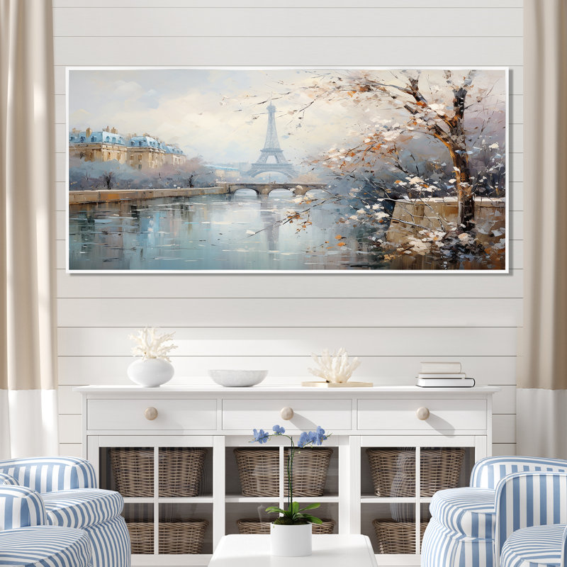 Hiver Paris, Tour Eiffel, charme de ville I - Paris, art mural, Cadre flottant blanc, H 28 po x l 60 po x P 1,5 po