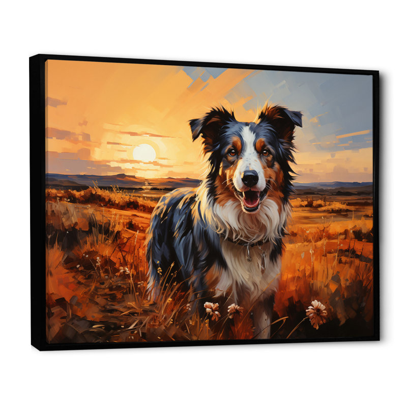 Border collie marchant sous Golden Horizon - impression, H 16 po x l 32 po x P 1 po, Cadre flottant noir