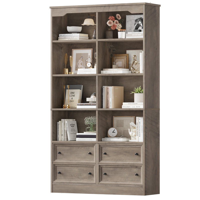 Kirklyn 6-Tier Standard Bookcase with 4 Drawers, Gray