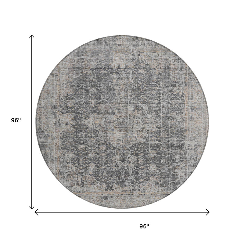 Tapis d'extérieur rond lavable abstrait gris anthracite et argent 8 pi