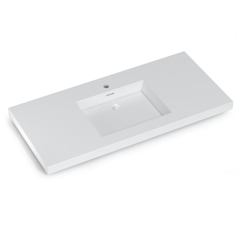 Plateau de meuble-lavabo simple 48 po avec lavabo intégré blanc mat, trou de robinet simple et trop-plein inclus