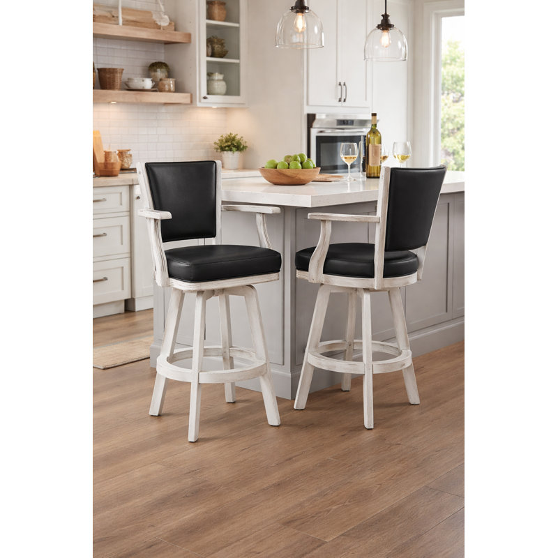 Millender Backed Swivel Solid Wood Bar Stool with Arms By RAM Game Room, Antique White