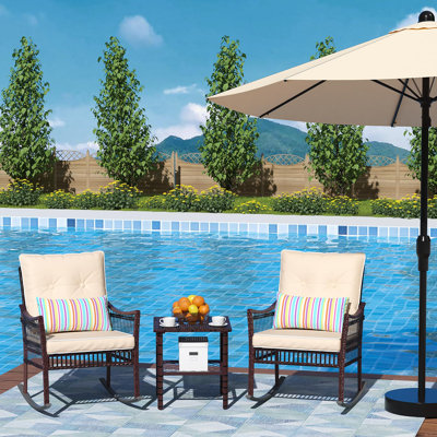 Ensemble de conversation d'extérieur en osier avec chaises berçantes en osier avec table basse, ensemble de conversation extérieur pour jardin et balcon, 3 pièces, beige