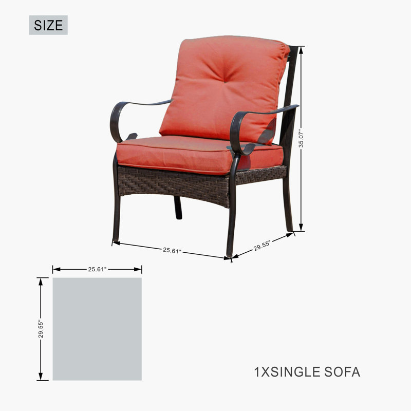 W25 In. Outdoor Metal Wicker Chair With Red Cushions