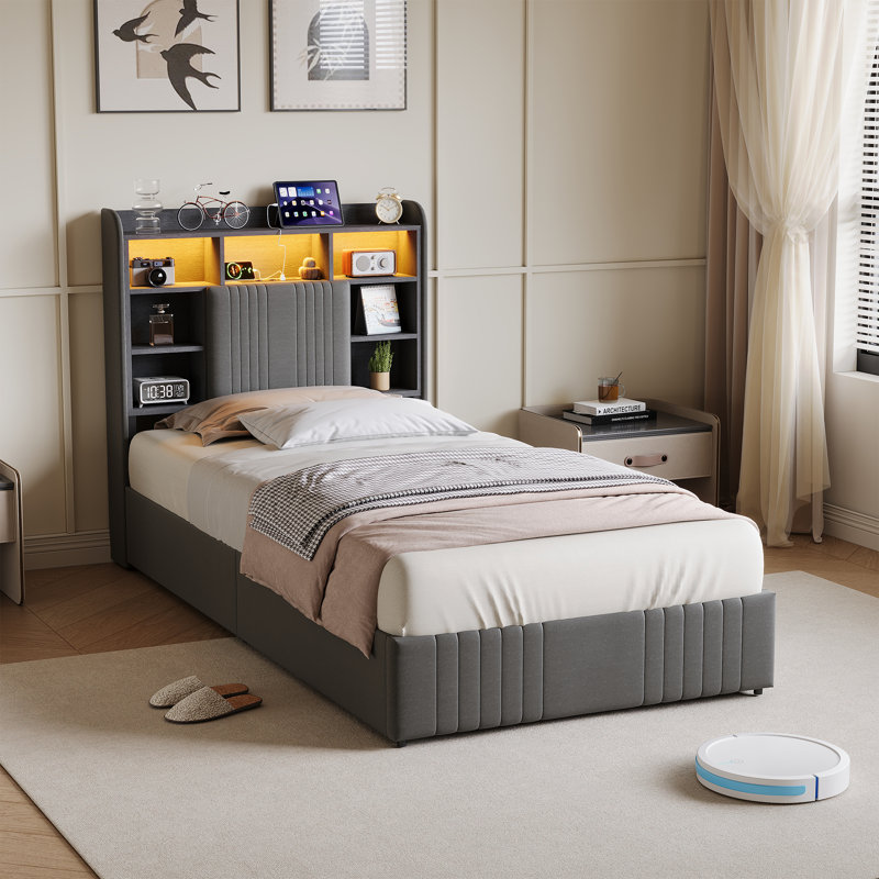 Upholstered Storage Bed, European Single (90 x 200 cm), Grey