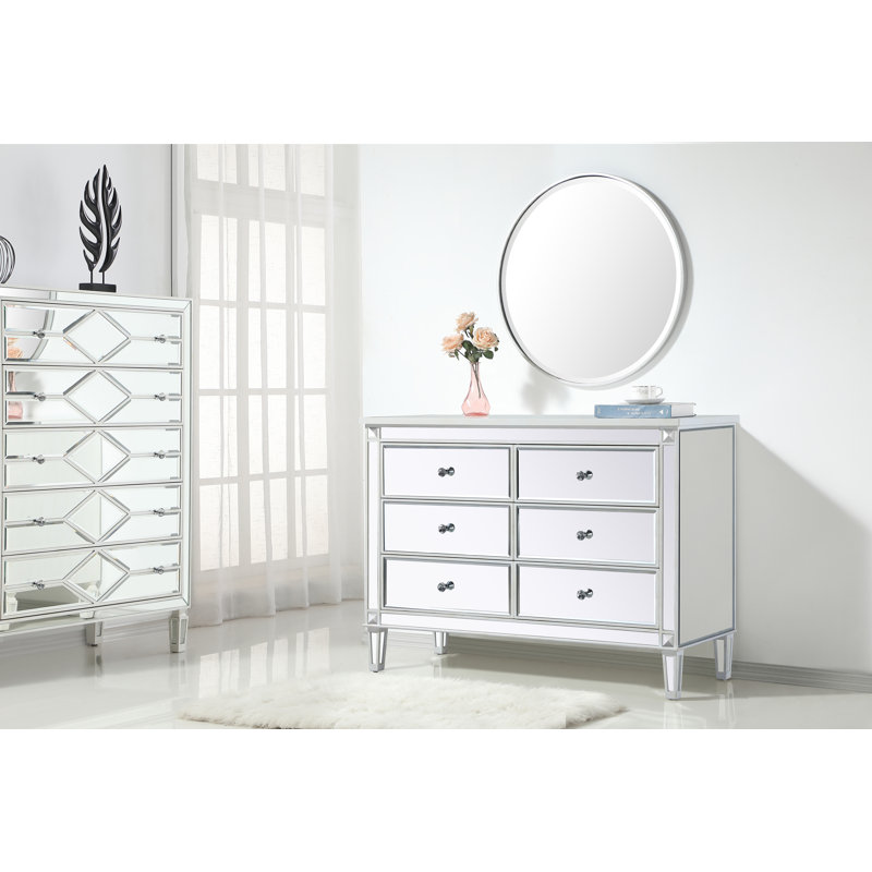 SPARKS 6 - Drawer 48'' W Double Dresser, Mirrored/Antique White