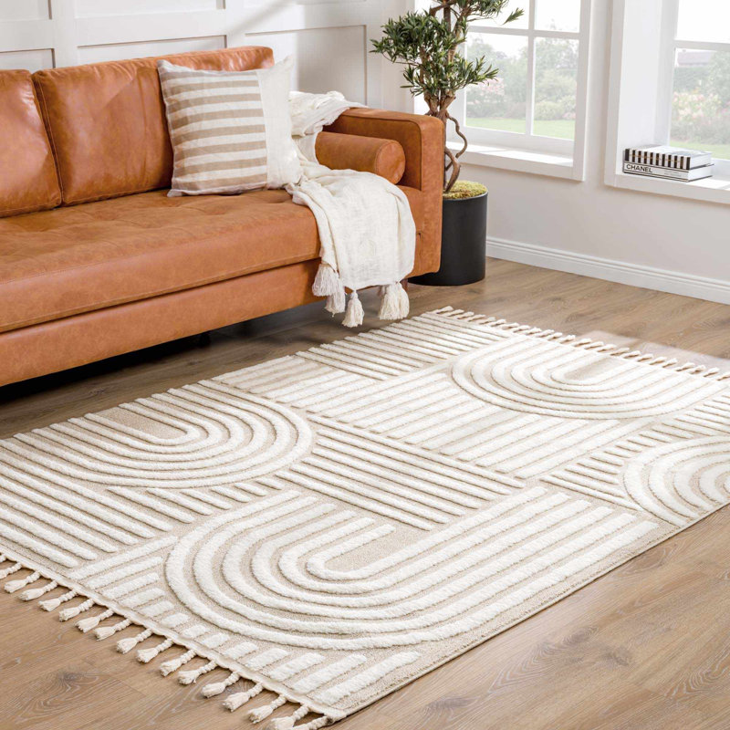 Tapis crème à motif géométrique Moisa Farmhouse, Rectangle 8 pi 10 po x 12 pi