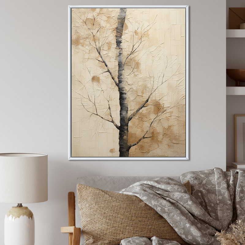 " Beige Trees Oak Solitude IV ", White Floater Frame, 44" H x 34" W x 1.5" D
