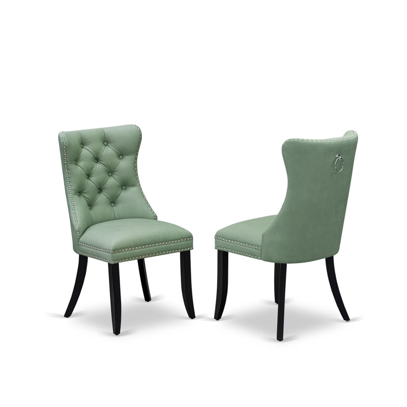 Dallas Parson Dining Room Chairs - Button Tufted Nailhead Willow Green Polyester Fabric Padded Chairs, Set of 2, Wirebrushed Black